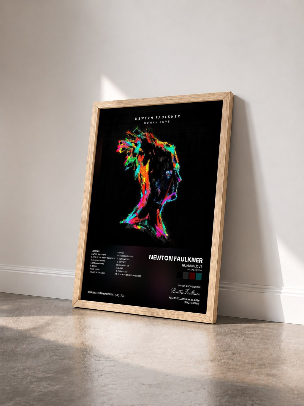 #bois Tableau de l'album Human Love (Deluxe Edition) de Newton Faulkner vu de trois quarts, cadre en bois brut