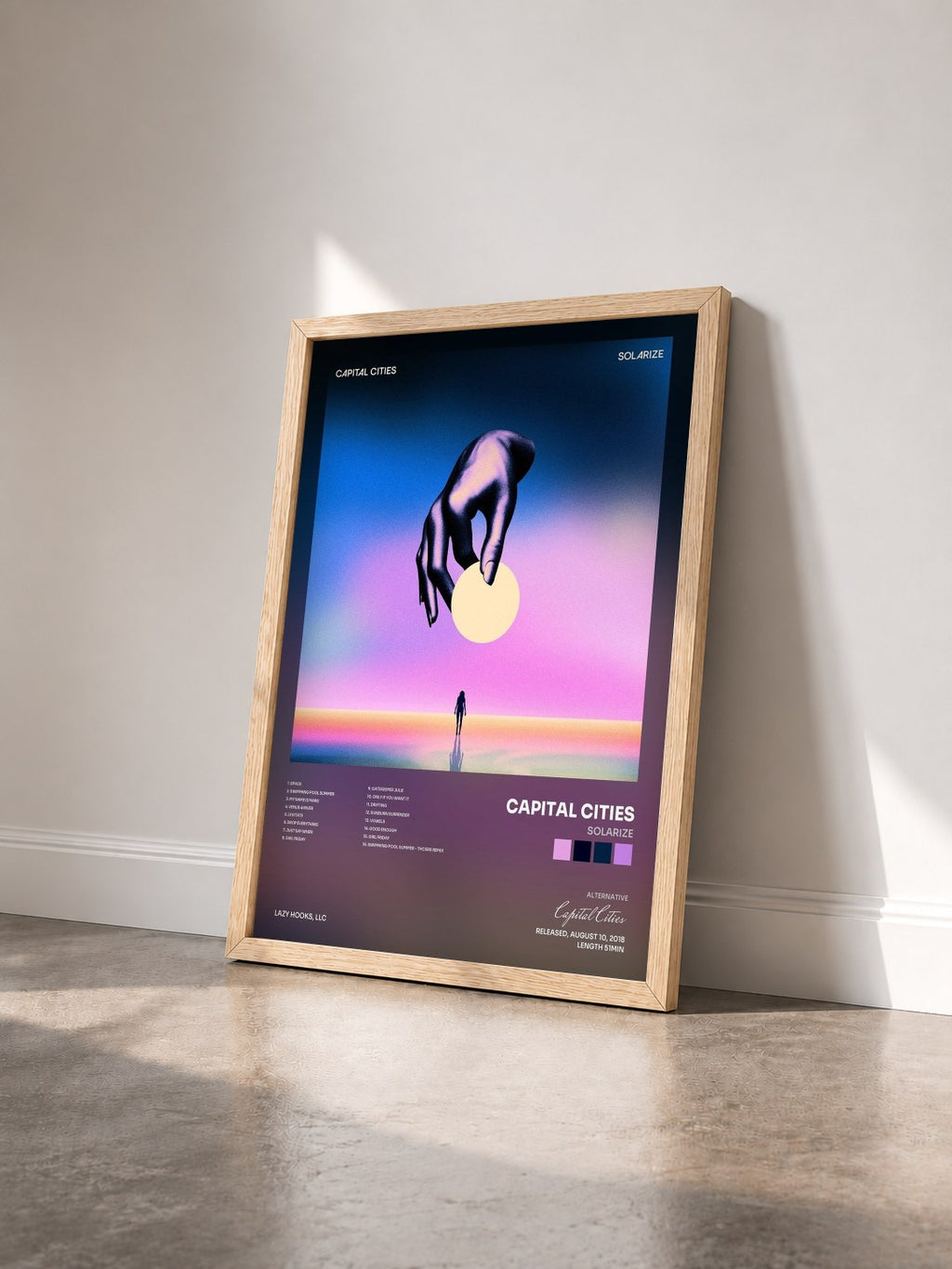 #bois Tableau de l'album Solarize de Capital Cities vu de trois quarts, cadre en bois brut