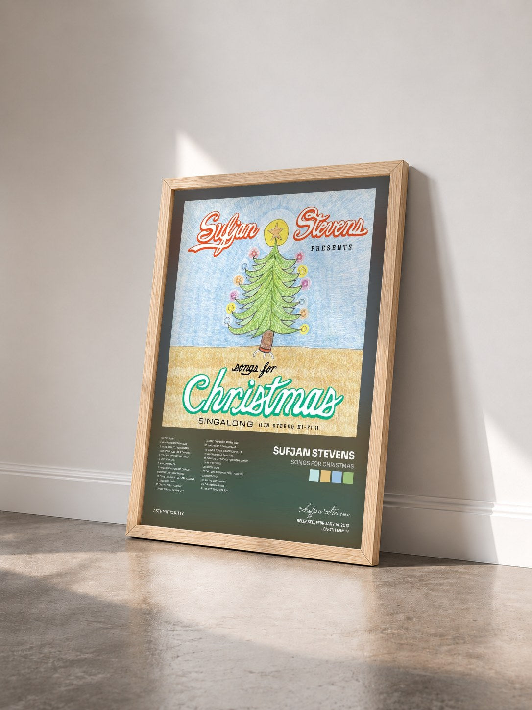 #bois Tableau de l'album Songs For Christmas de Sufjan Stevens vu de trois quarts, cadre en bois brut