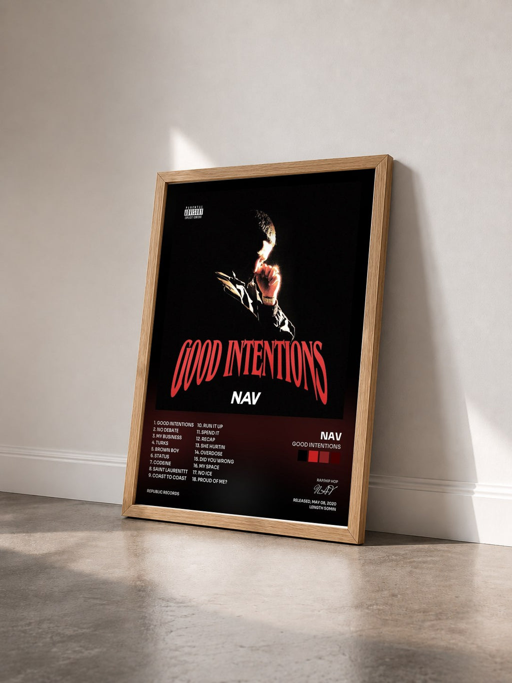 #bois Tableau de l'album Good Intentions de NAV vu de trois quarts, cadre en bois brut