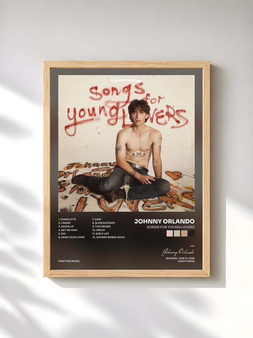 #bois Tableau de l'album Songs for Young Lovers de Johnny Orlando, cadre en bois brut, imprimé et encadré en France