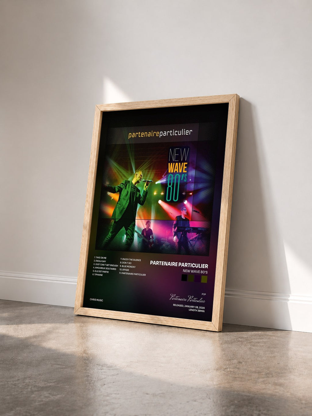 #bois Tableau de l'album New Wave 80's de Partenaire Particulier vu de trois quarts, cadre en bois brut