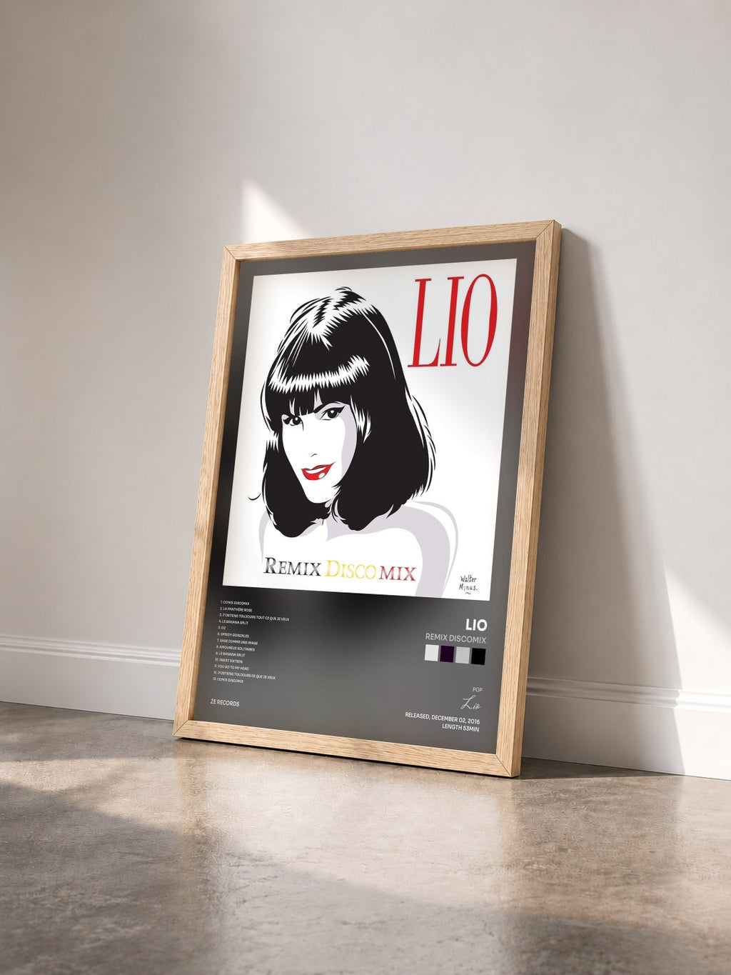 #bois Tableau de l'album Remix Discomix de Lio vu de trois quarts, cadre en bois brut