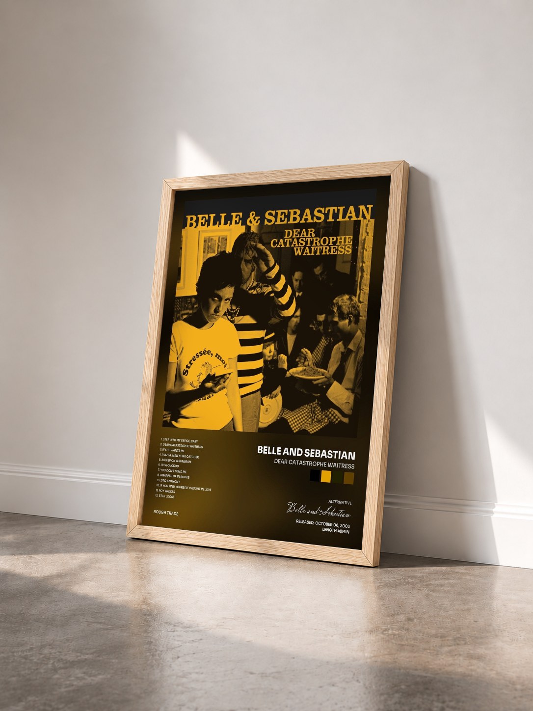 #bois Tableau de l'album Dear Catastrophe Waitress de Belle and Sebastian vu de trois quarts, cadre en bois brut
