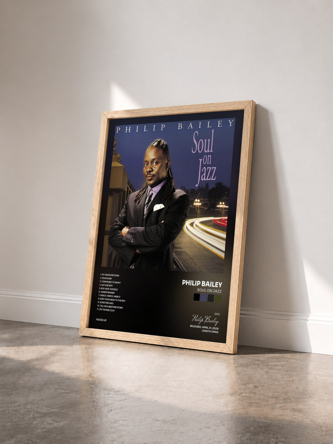 #bois Tableau de l'album Soul On Jazz de Philip Bailey vu de trois quarts, cadre en bois brut