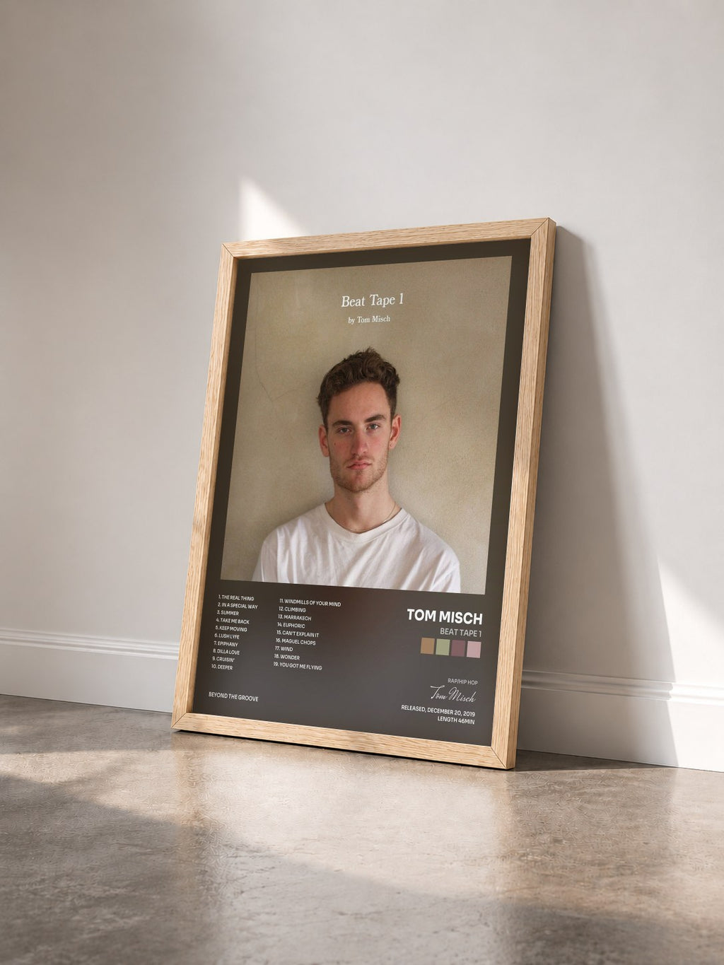 #bois Tableau de l'album Beat Tape 1 de Tom Misch vu de trois quarts, cadre en bois brut