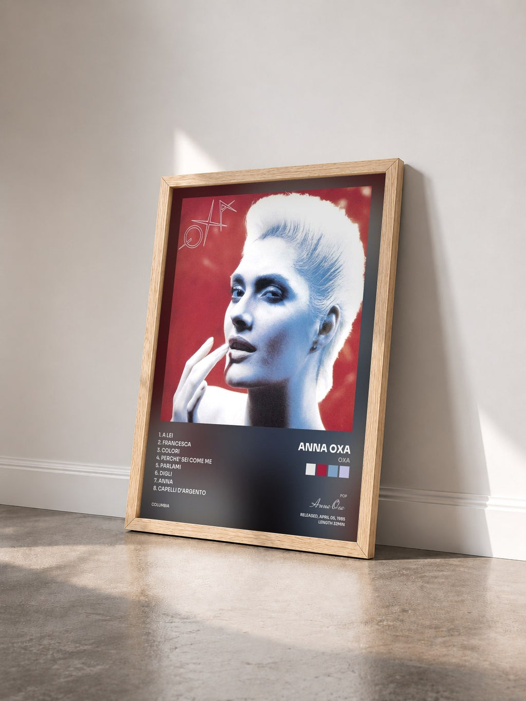 #bois Tableau de l'album Oxa de Anna Oxa vu de trois quarts, cadre en bois brut