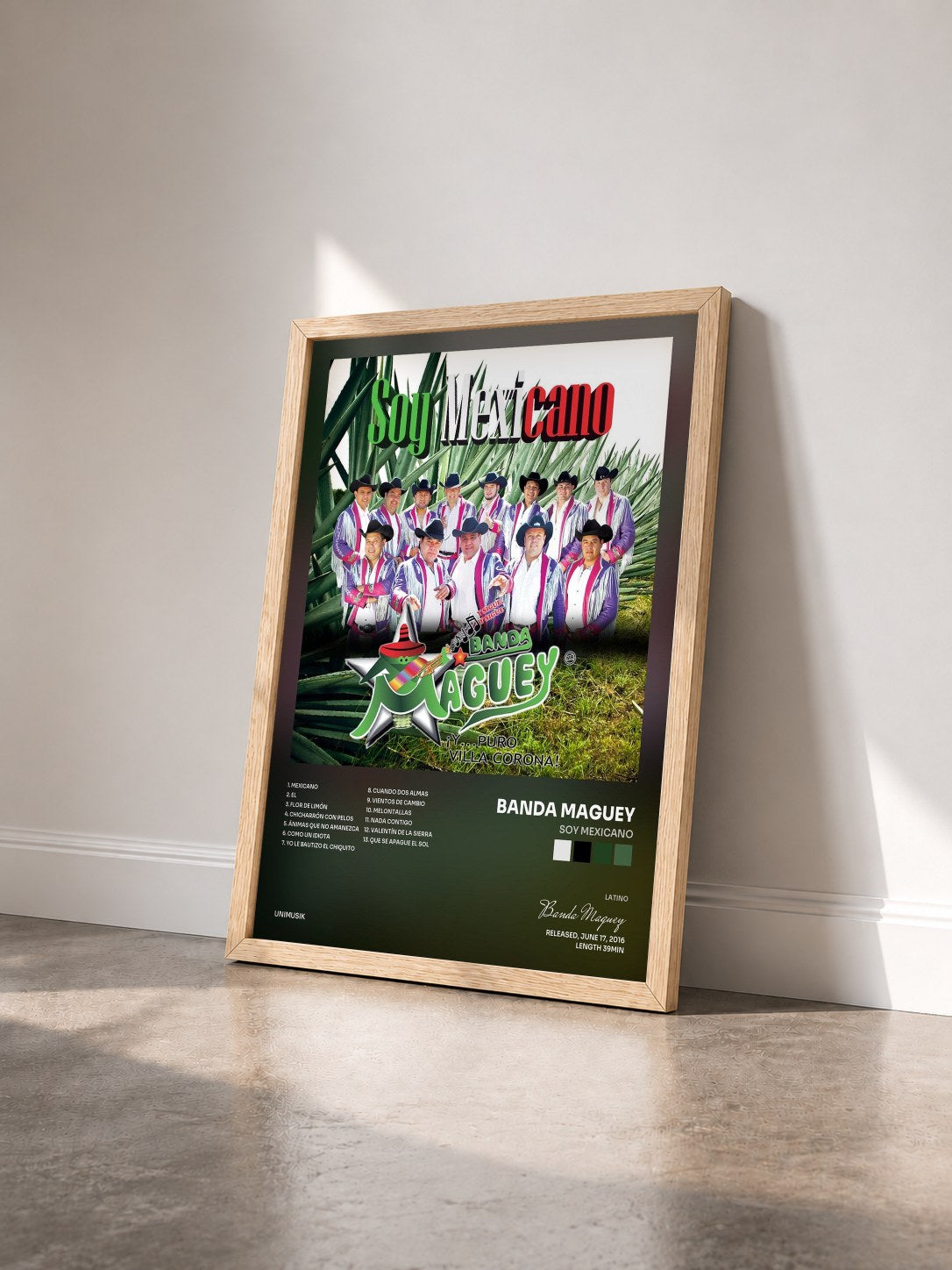 #bois Tableau de l'album Soy Mexicano de Banda Maguey vu de trois quarts, cadre en bois brut