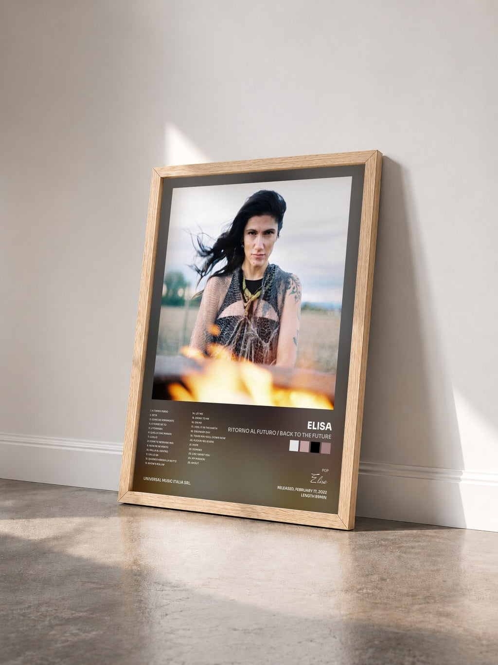 #bois Tableau de l'album Ritorno Al Futuro / Back To The Future de Elisa vu de trois quarts, cadre en bois brut