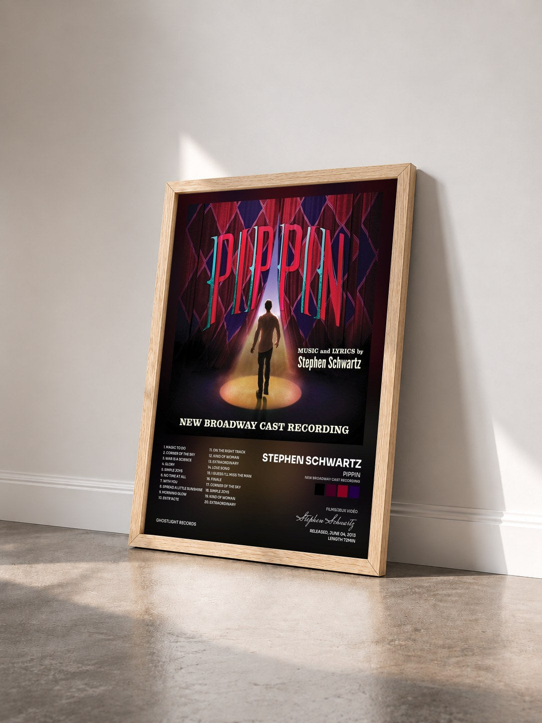 #bois Tableau de l'album Pippin (New Broadway Cast Recording) de Stephen Schwartz vu de trois quarts, cadre en bois brut