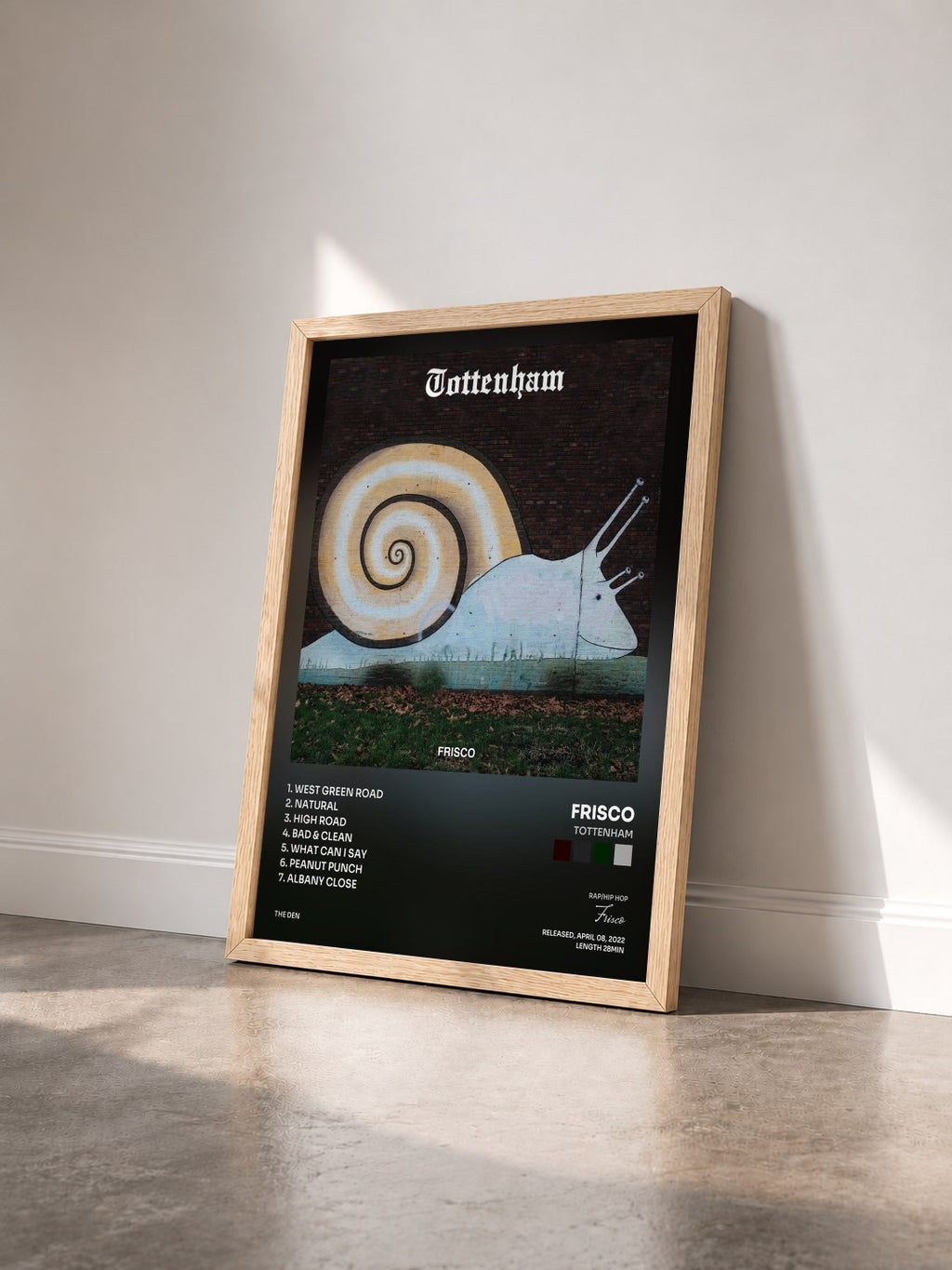 #bois Tableau de l'album Tottenham de Frisco vu de trois quarts, cadre en bois brut