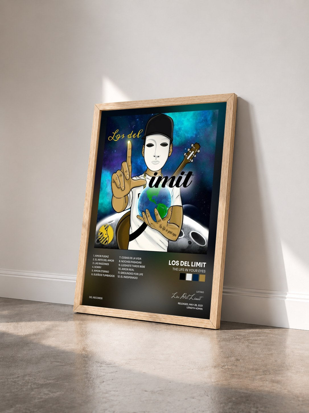 #bois Tableau de l'album The Life in Your Eyes de Los Del Limit vu de trois quarts, cadre en bois brut