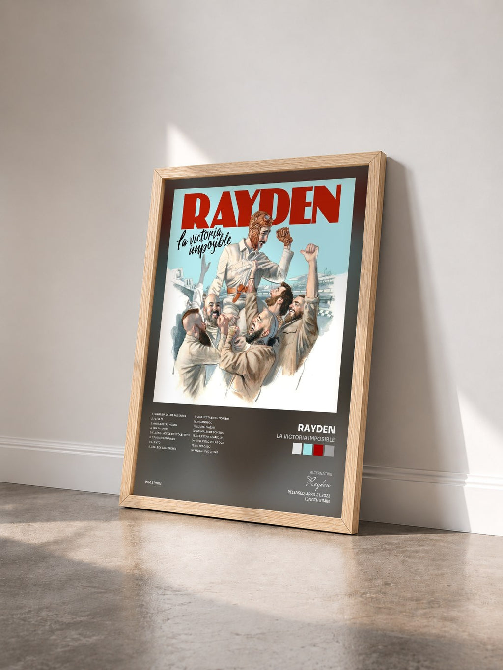 #bois Tableau de l'album La victoria imposible de Rayden vu de trois quarts, cadre en bois brut