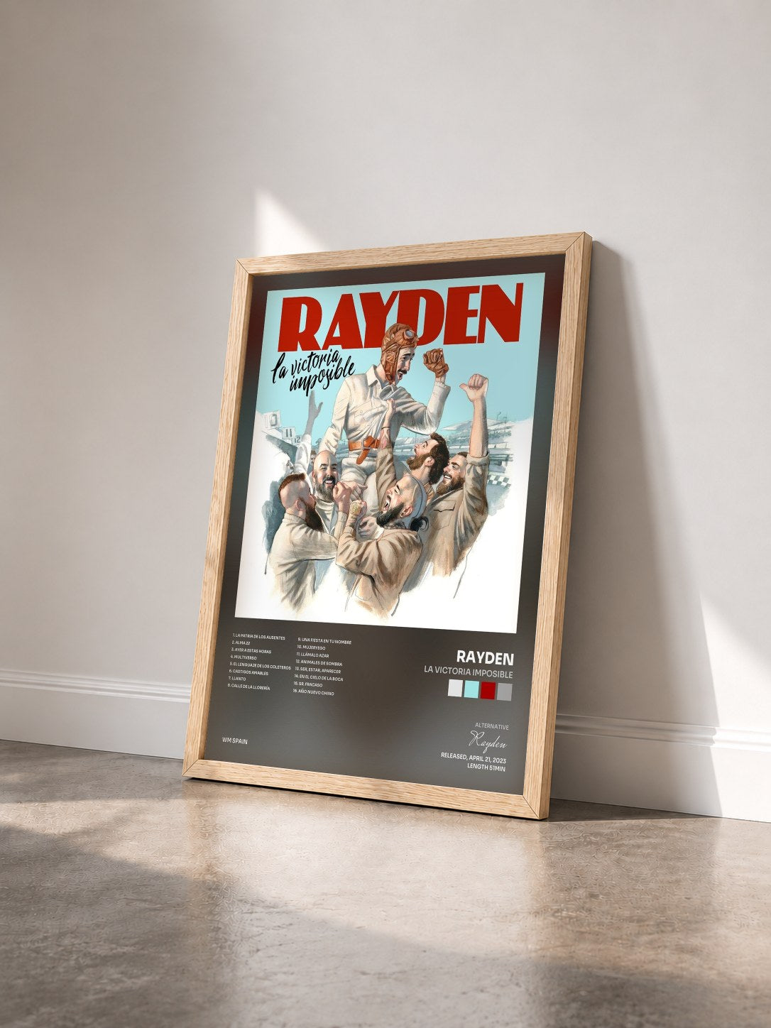 #bois Tableau de l'album La victoria imposible de Rayden vu de trois quarts, cadre en bois brut