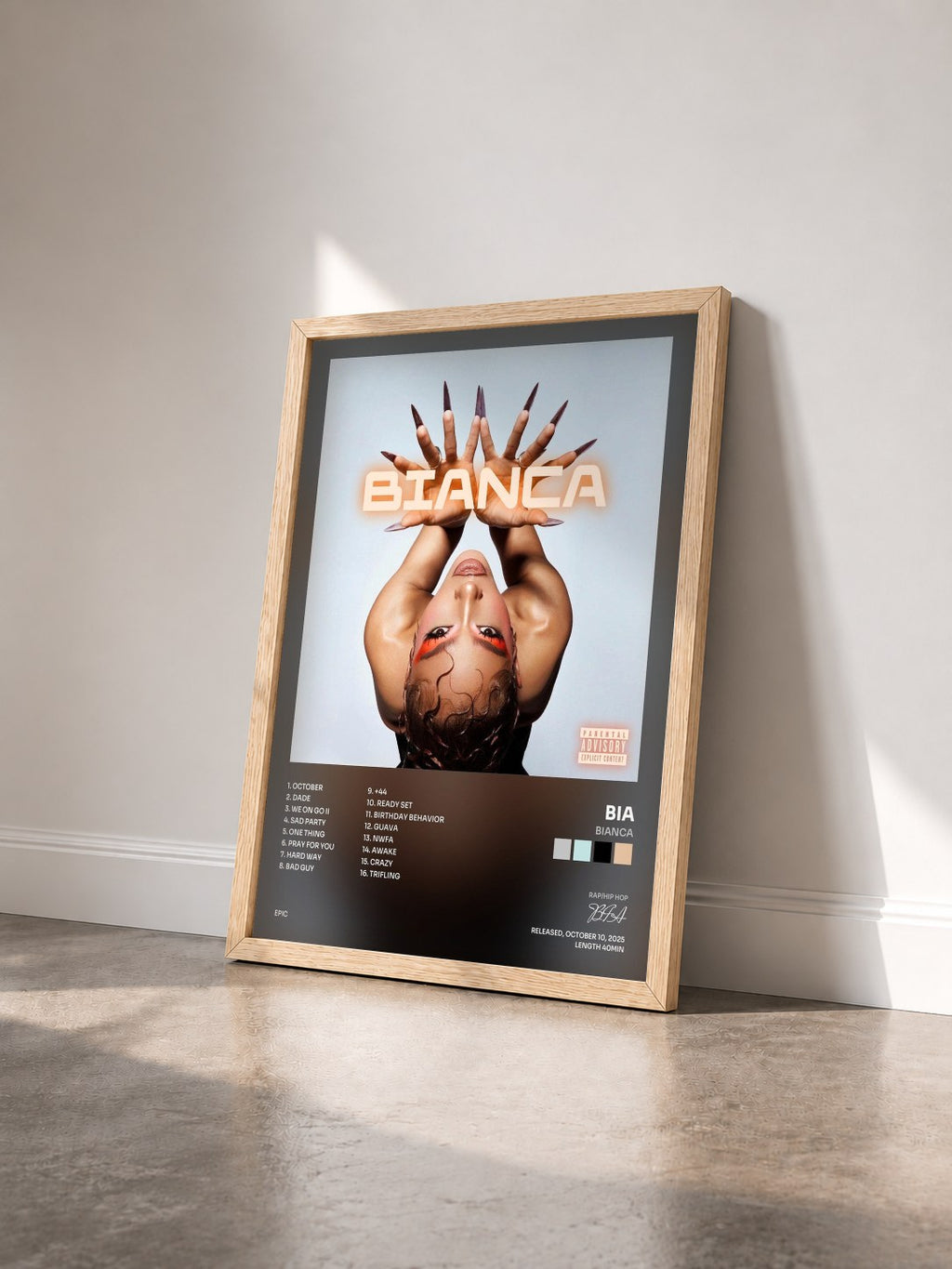 #bois Tableau de l'album BIANCA de BIA vu de trois quarts, cadre en bois brut