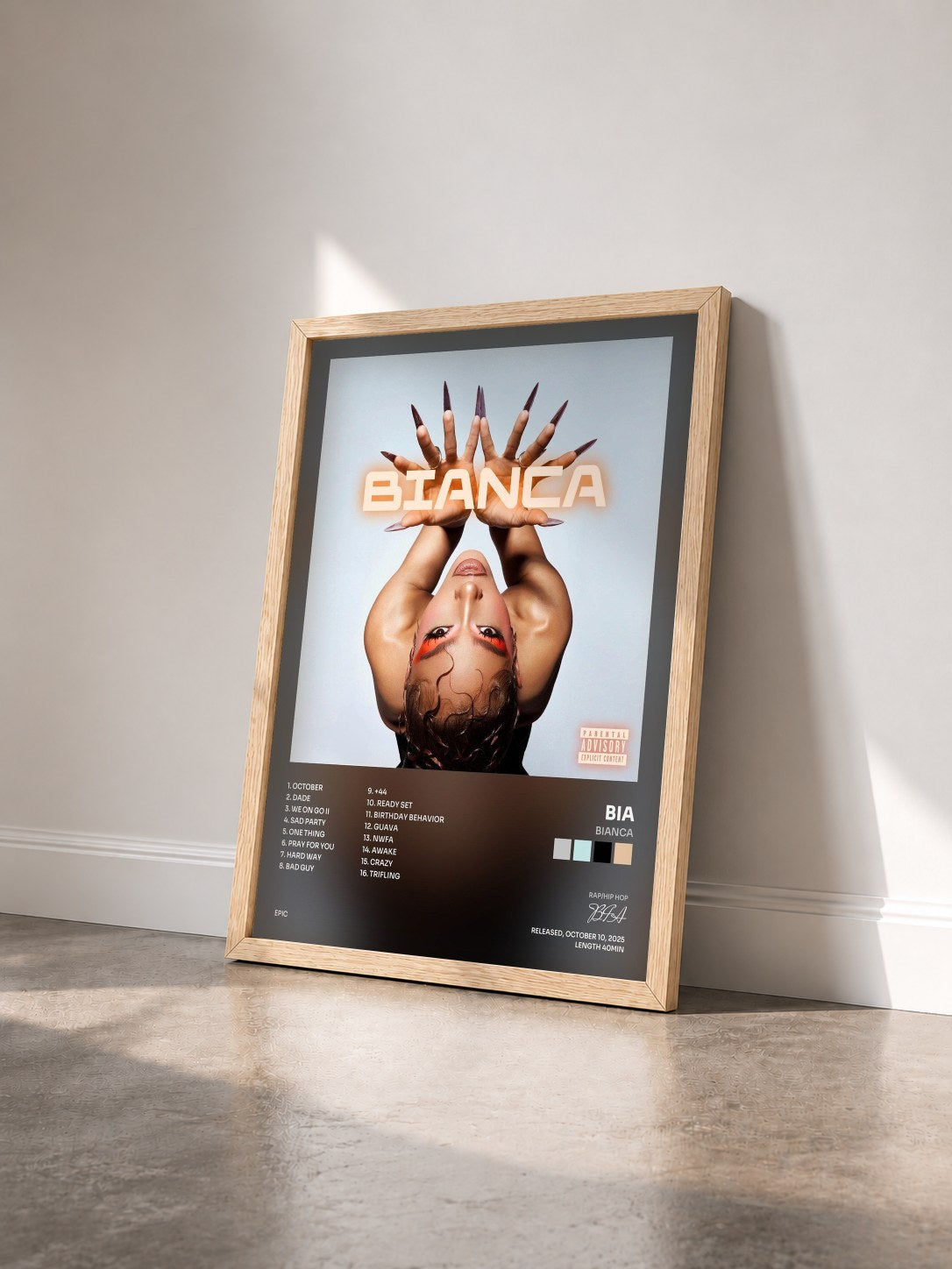 #bois Tableau de l'album BIANCA de BIA vu de trois quarts, cadre en bois brut
