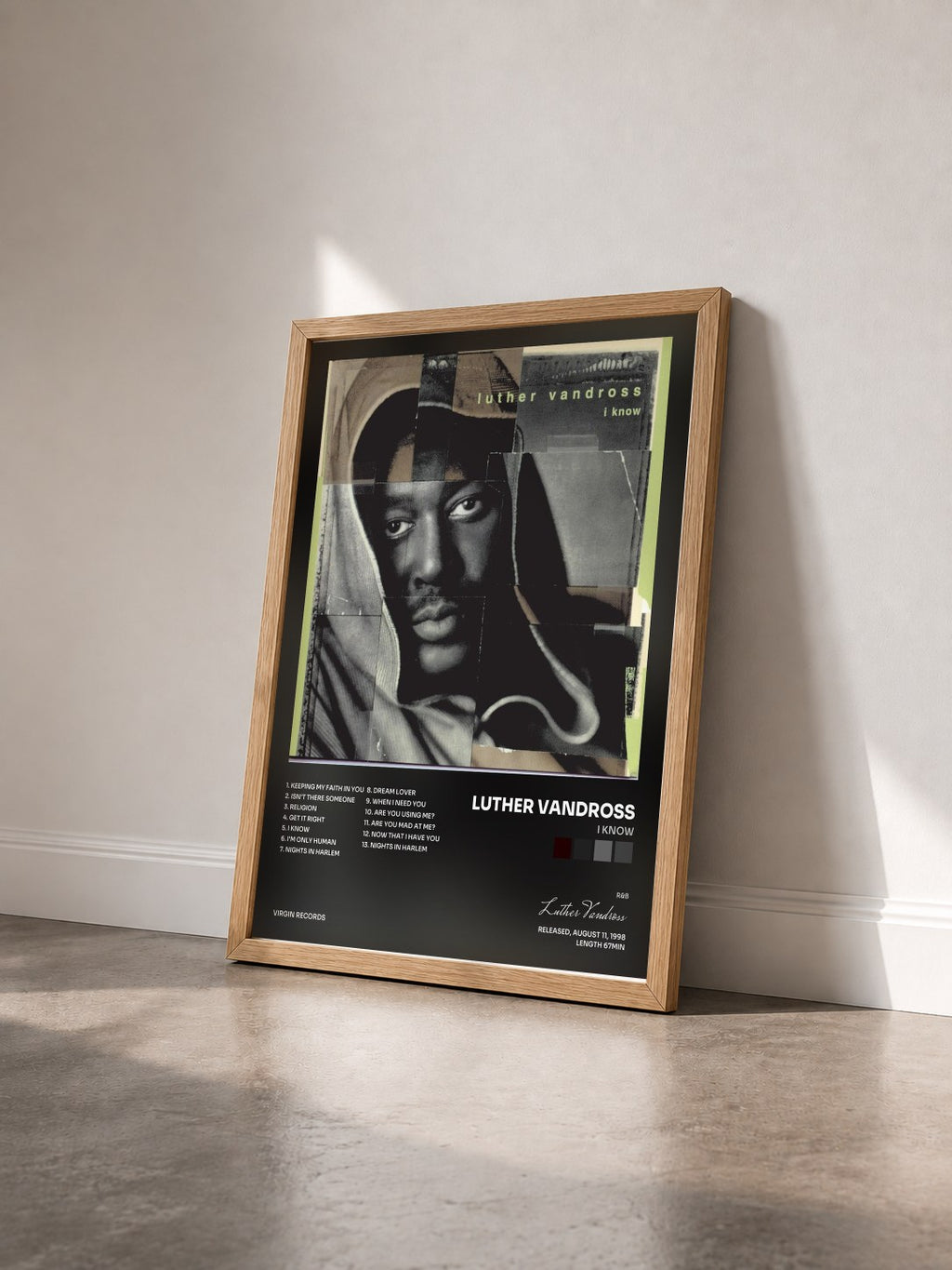 #bois Tableau de l'album I Know de Luther Vandross vu de trois quarts, cadre en bois brut
