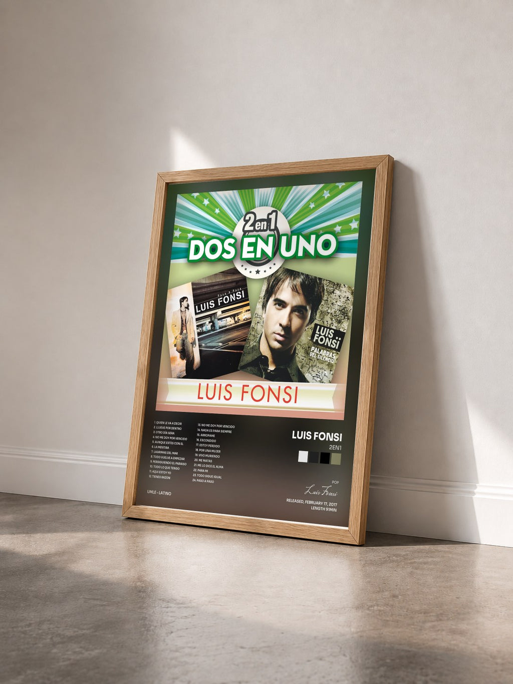 #bois Tableau de l'album 2En1 de Luis Fonsi vu de trois quarts, cadre en bois brut