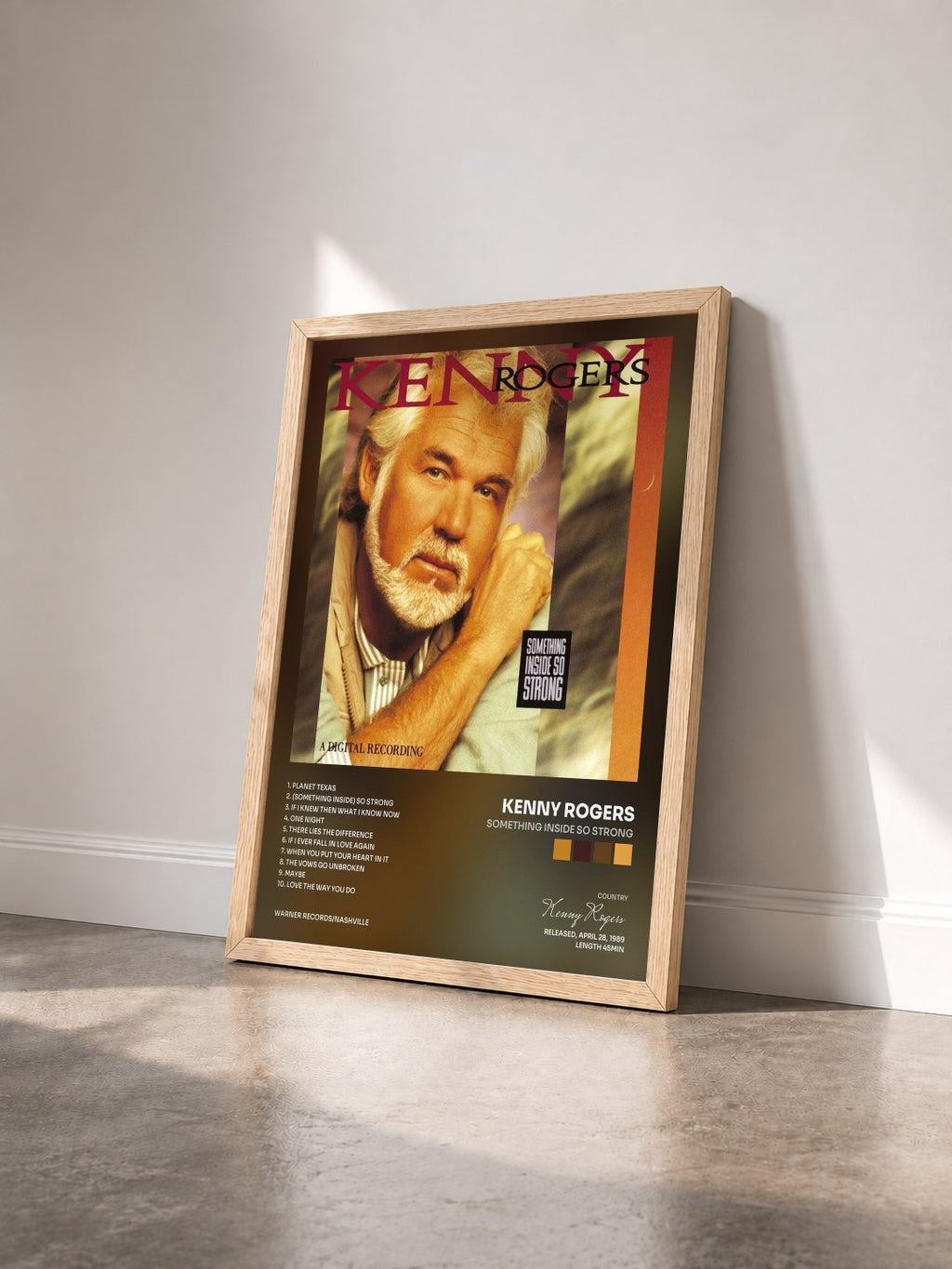 #bois Tableau de l'album Something Inside So Strong de Kenny Rogers vu de trois quarts, cadre en bois brut
