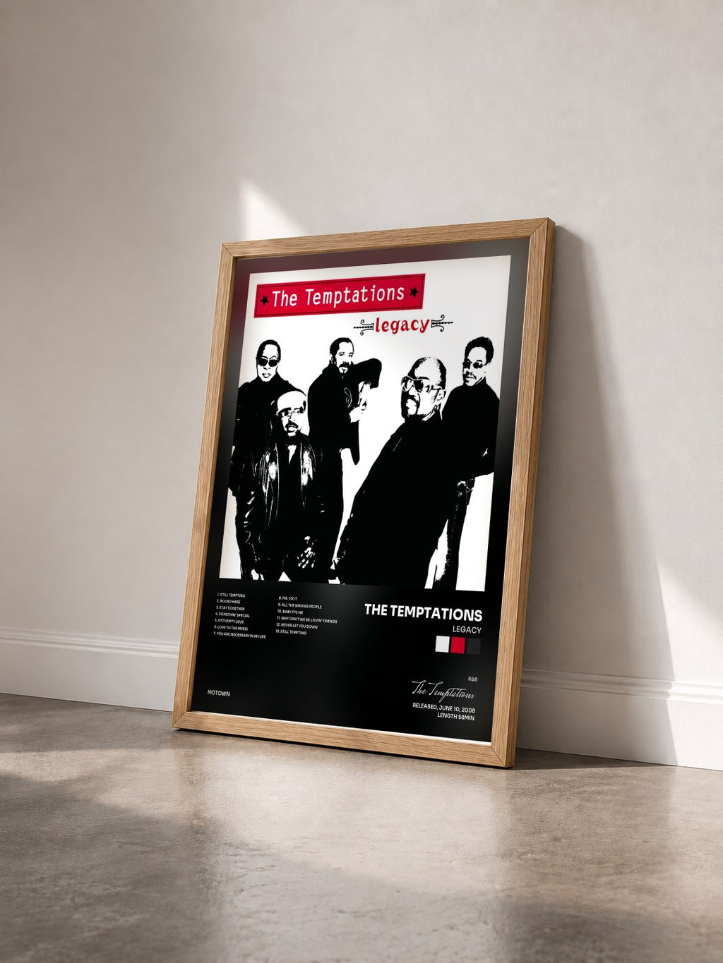 #bois Tableau de l'album Legacy de The Temptations vu de trois quarts, cadre en bois brut