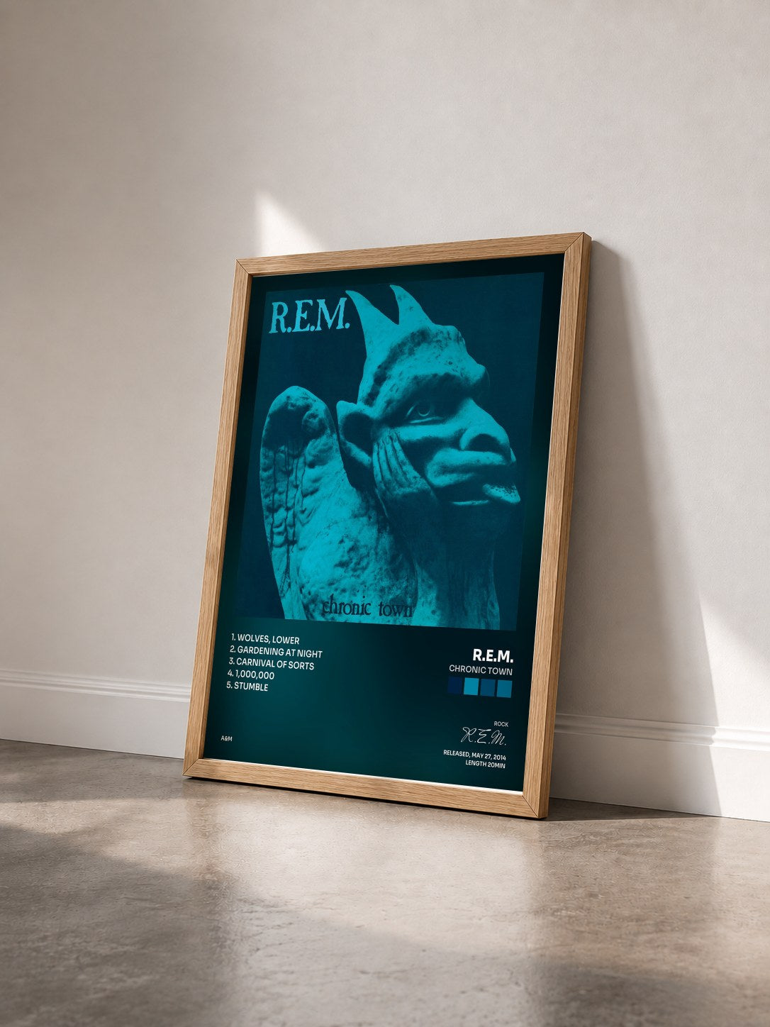 #bois Tableau de l'album Chronic Town de R.E.M. vu de trois quarts, cadre en bois brut