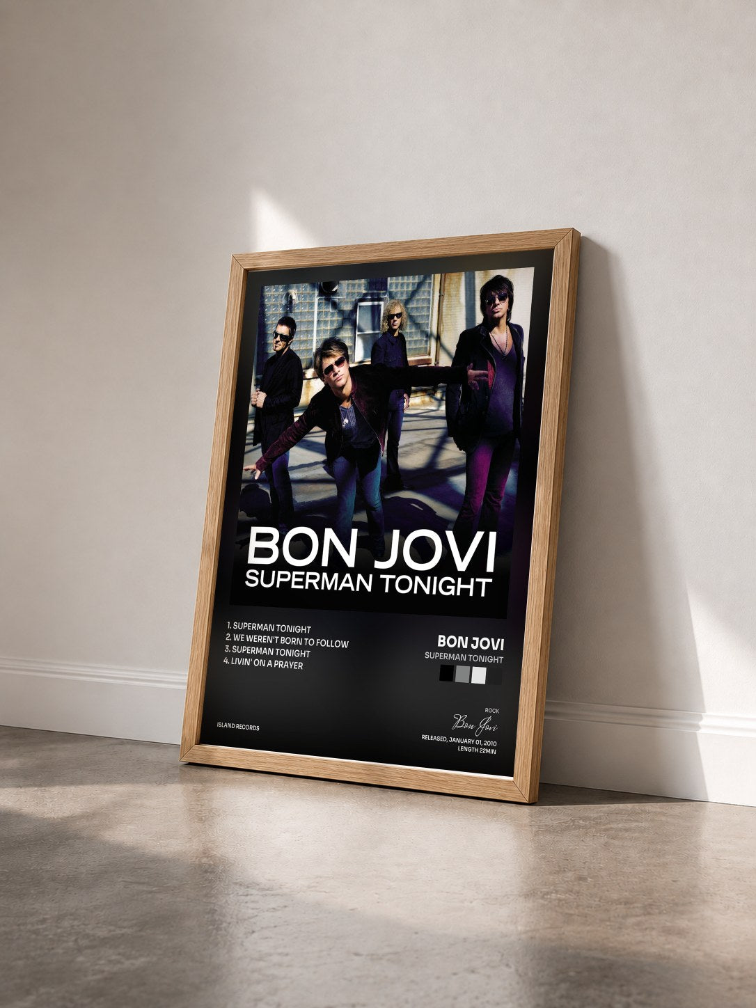 #bois Tableau de l'album Superman Tonight de Bon Jovi vu de trois quarts, cadre en bois brut