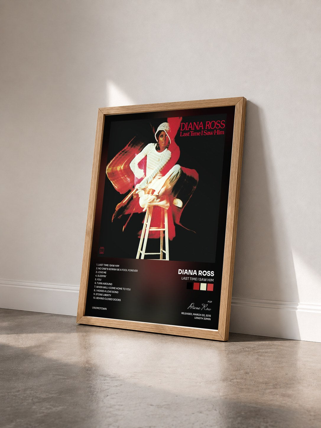 #bois Tableau de l'album Last Time I Saw Him de Diana Ross vu de trois quarts, cadre en bois brut