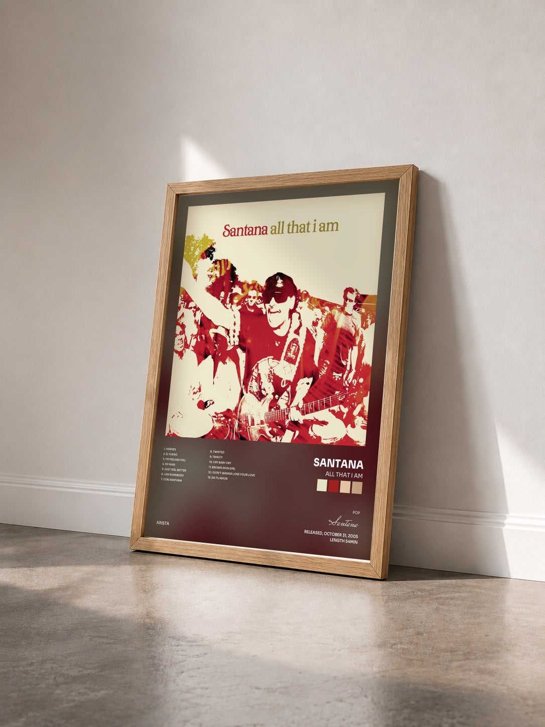#bois Tableau de l'album All That I Am de Santana vu de trois quarts, cadre en bois brut