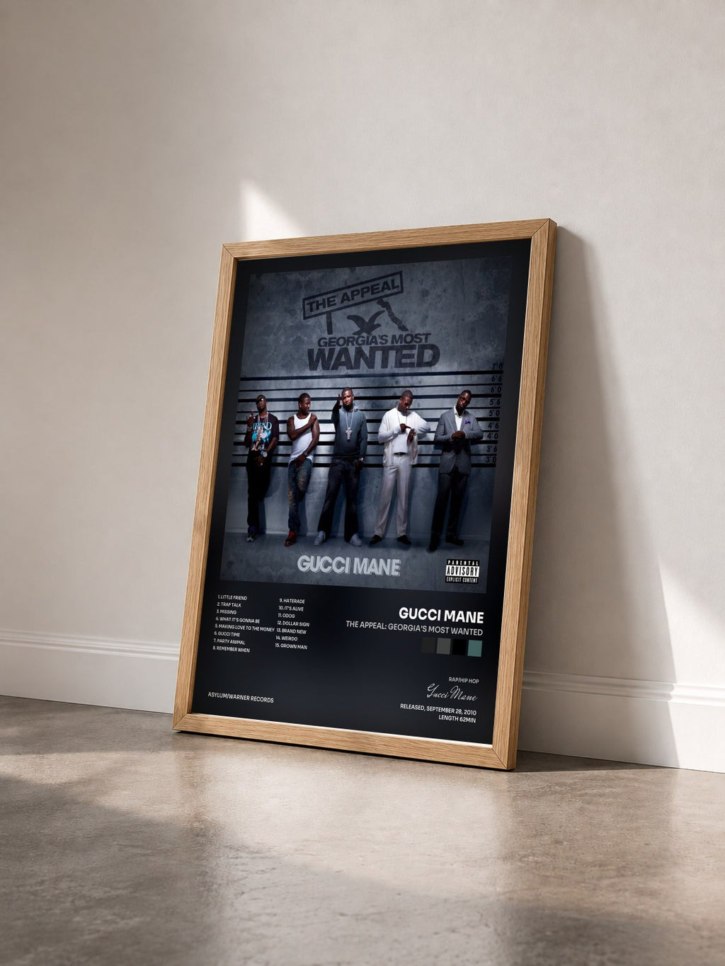 #bois Tableau de l'album The Appeal: Georgia's Most Wanted de Gucci Mane vu de trois quarts, cadre en bois brut
