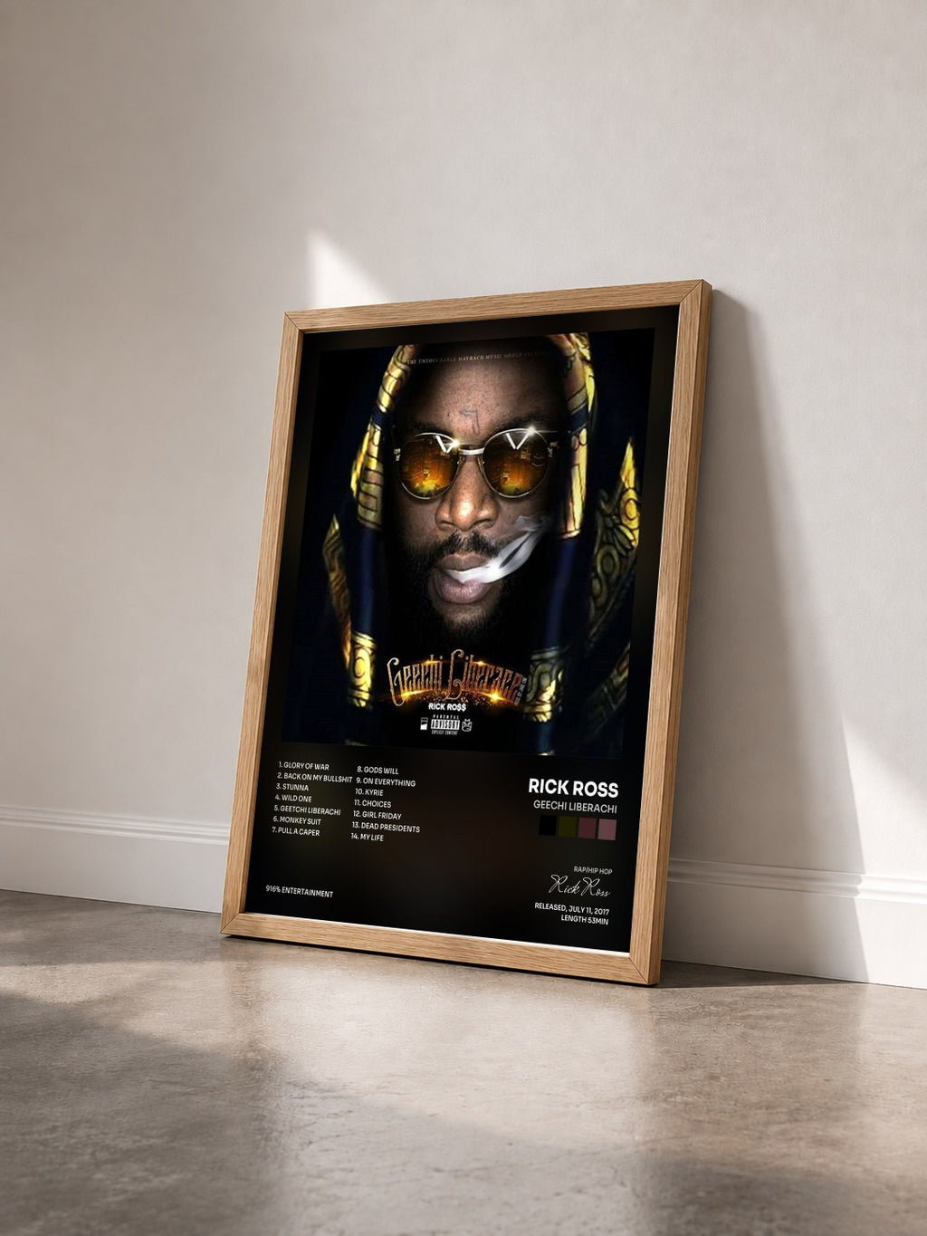 #bois Tableau de l'album Geechi Liberachi de Rick Ross vu de trois quarts, cadre en bois brut