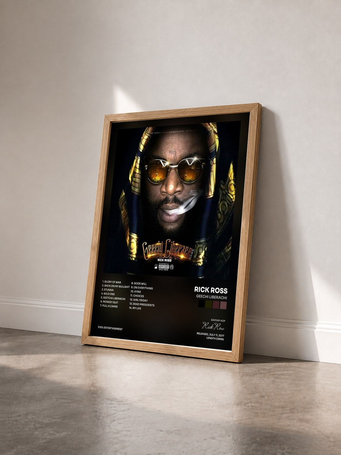 #bois Tableau de l'album Geechi Liberachi de Rick Ross vu de trois quarts, cadre en bois brut