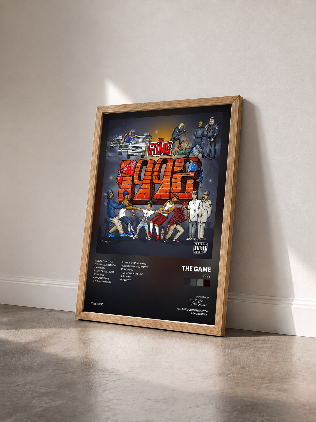 #bois Tableau de l'album 1992 de The Game vu de trois quarts, cadre en bois brut