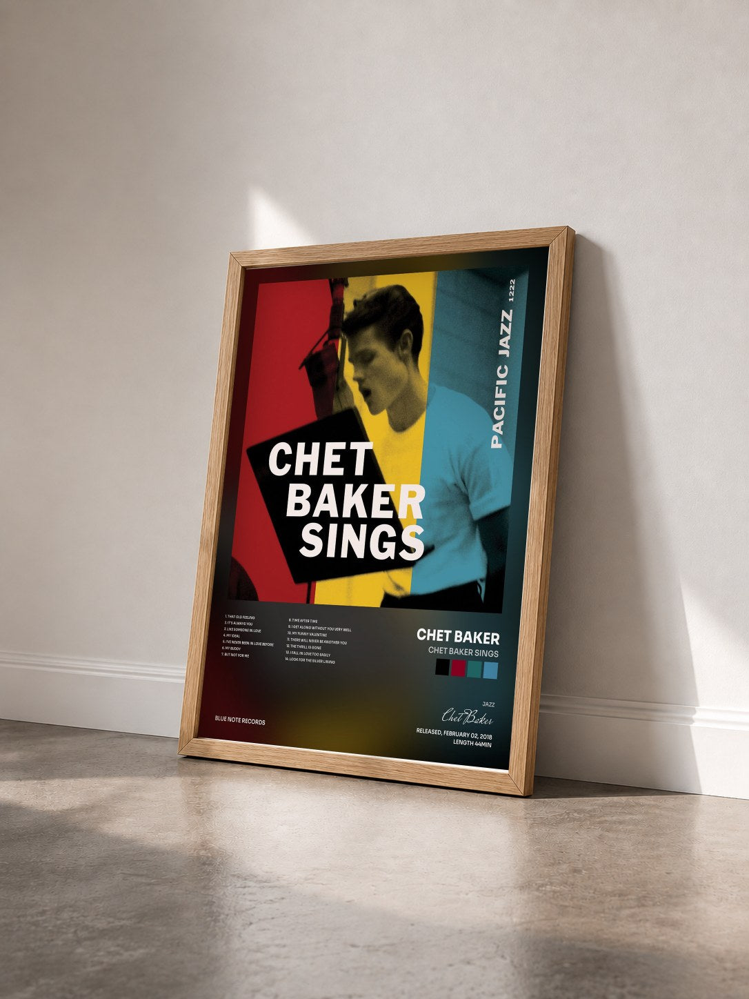 #bois Tableau de l'album Chet Baker Sings de Chet Baker vu de trois quarts, cadre en bois brut