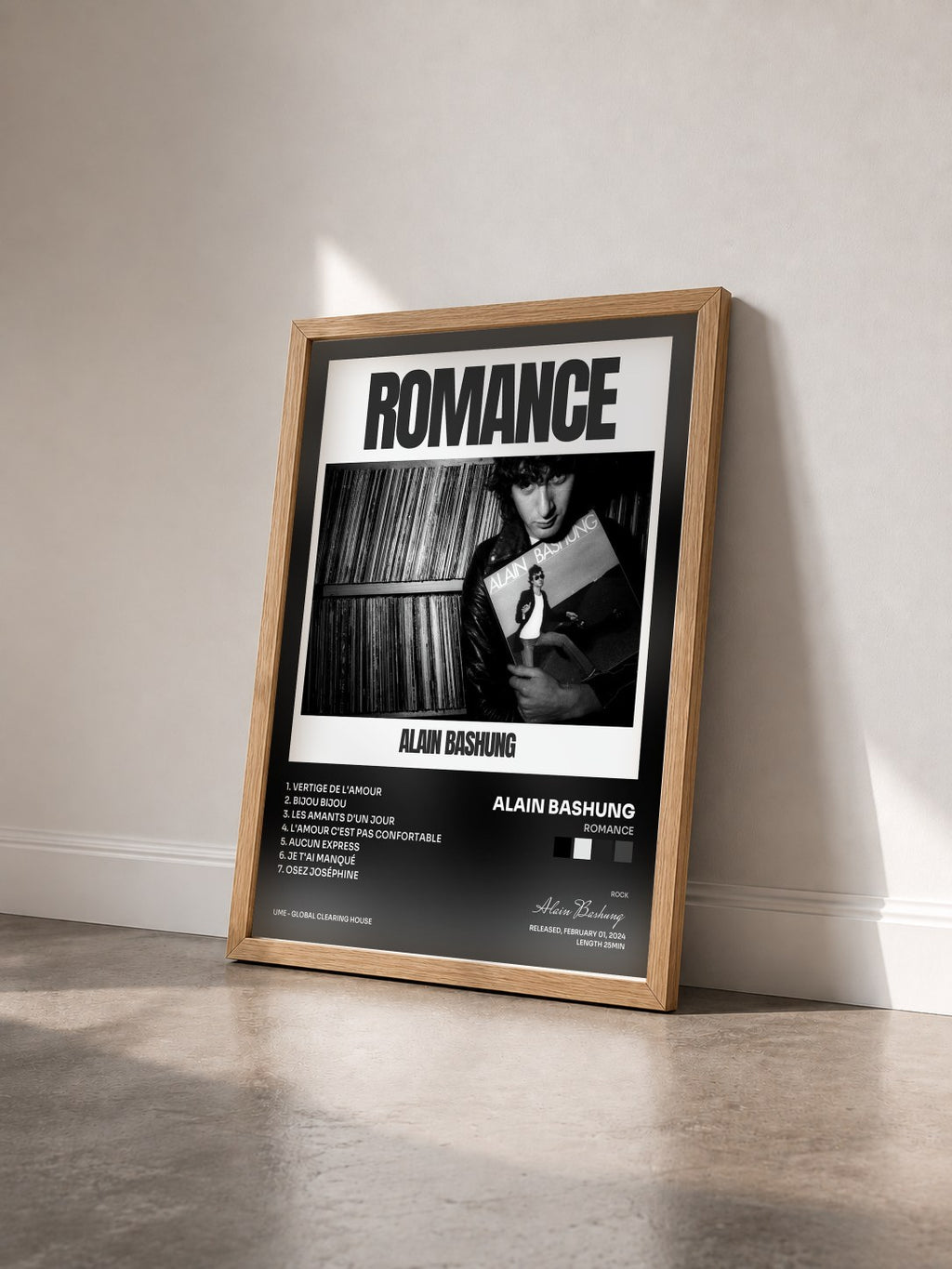 #bois Tableau de l'album Romance de Alain Bashung vu de trois quarts, cadre en bois brut