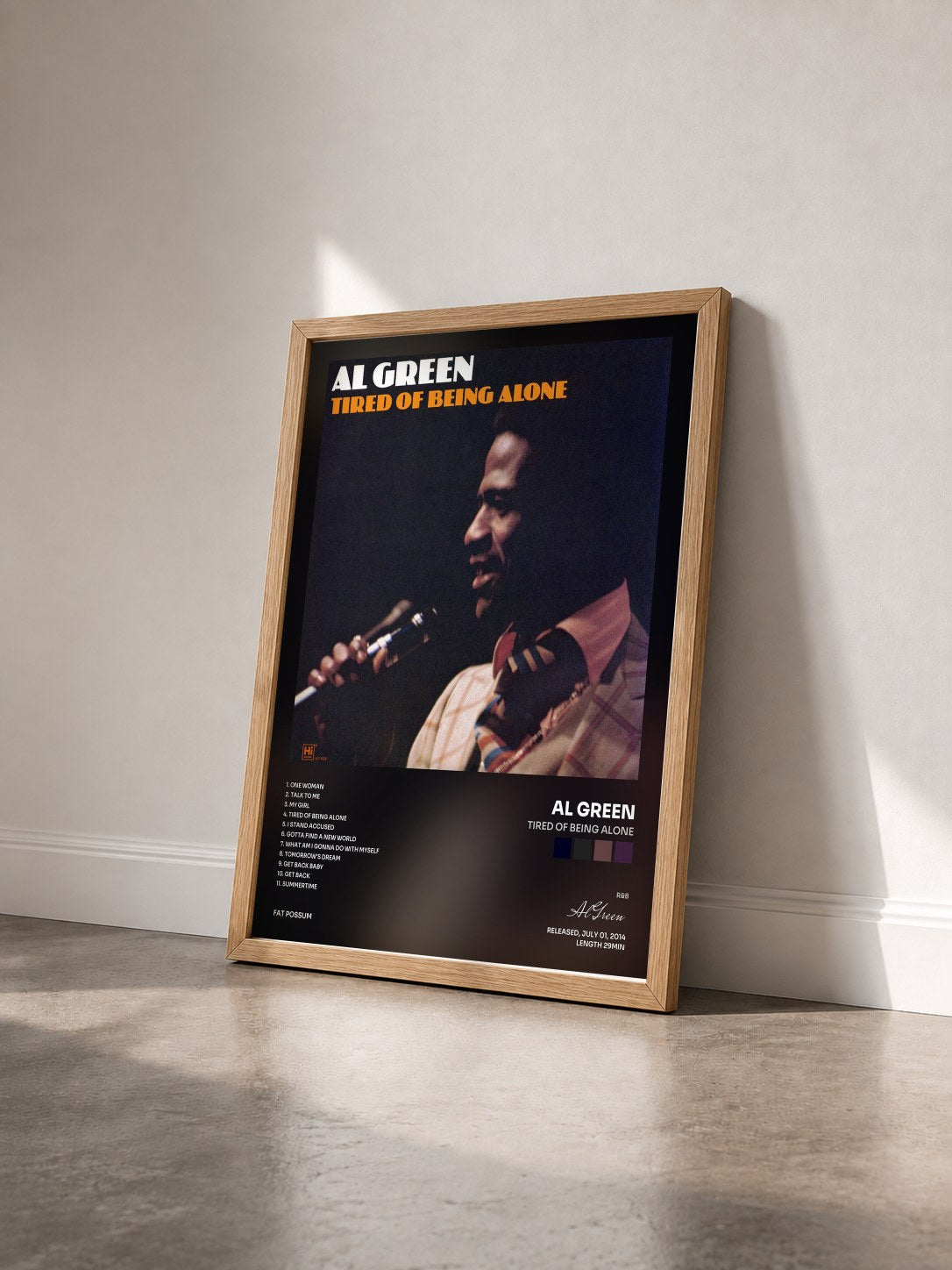 #bois Tableau de l'album Tired of Being Alone de Al Green vu de trois quarts, cadre en bois brut