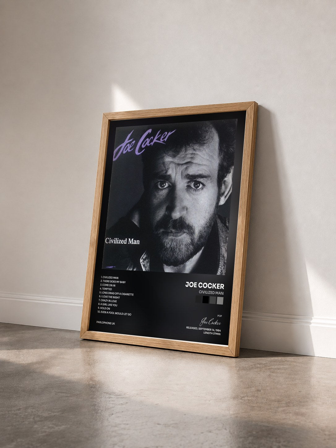 #bois Tableau de l'album Civilized Man de Joe Cocker vu de trois quarts, cadre en bois brut