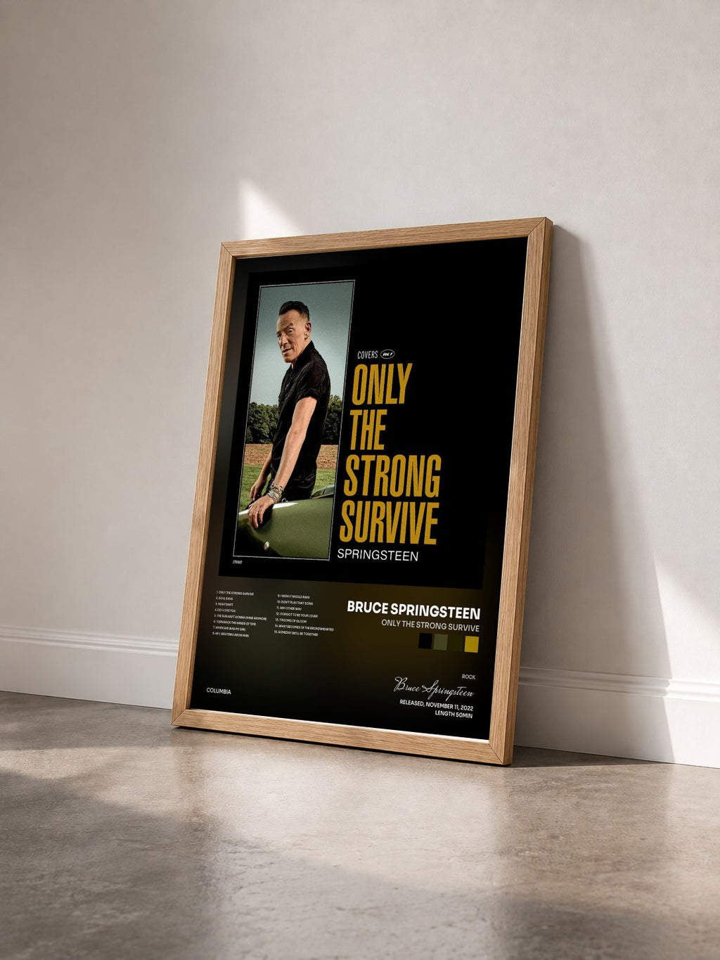 #bois Tableau de l'album Only the Strong Survive de Bruce Springsteen vu de trois quarts, cadre en bois brut