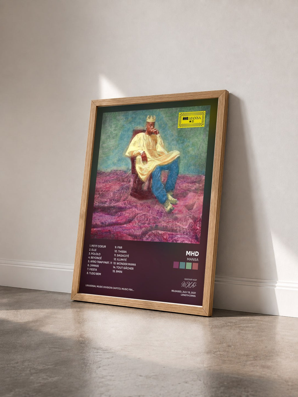 #bois Tableau de l'album Mansa de MHD vu de trois quarts, cadre en bois brut
