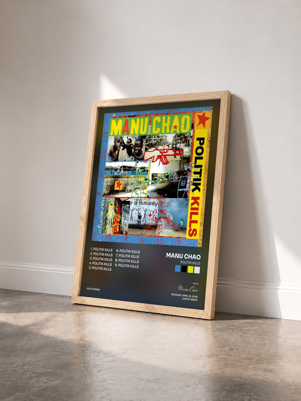 #bois Tableau de l'album Politik Kills de Manu Chao vu de trois quarts, cadre en bois brut