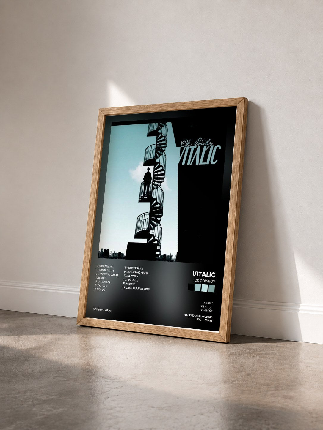 #bois Tableau de l'album Ok Cowboy de Vitalic vu de trois quarts, cadre en bois brut