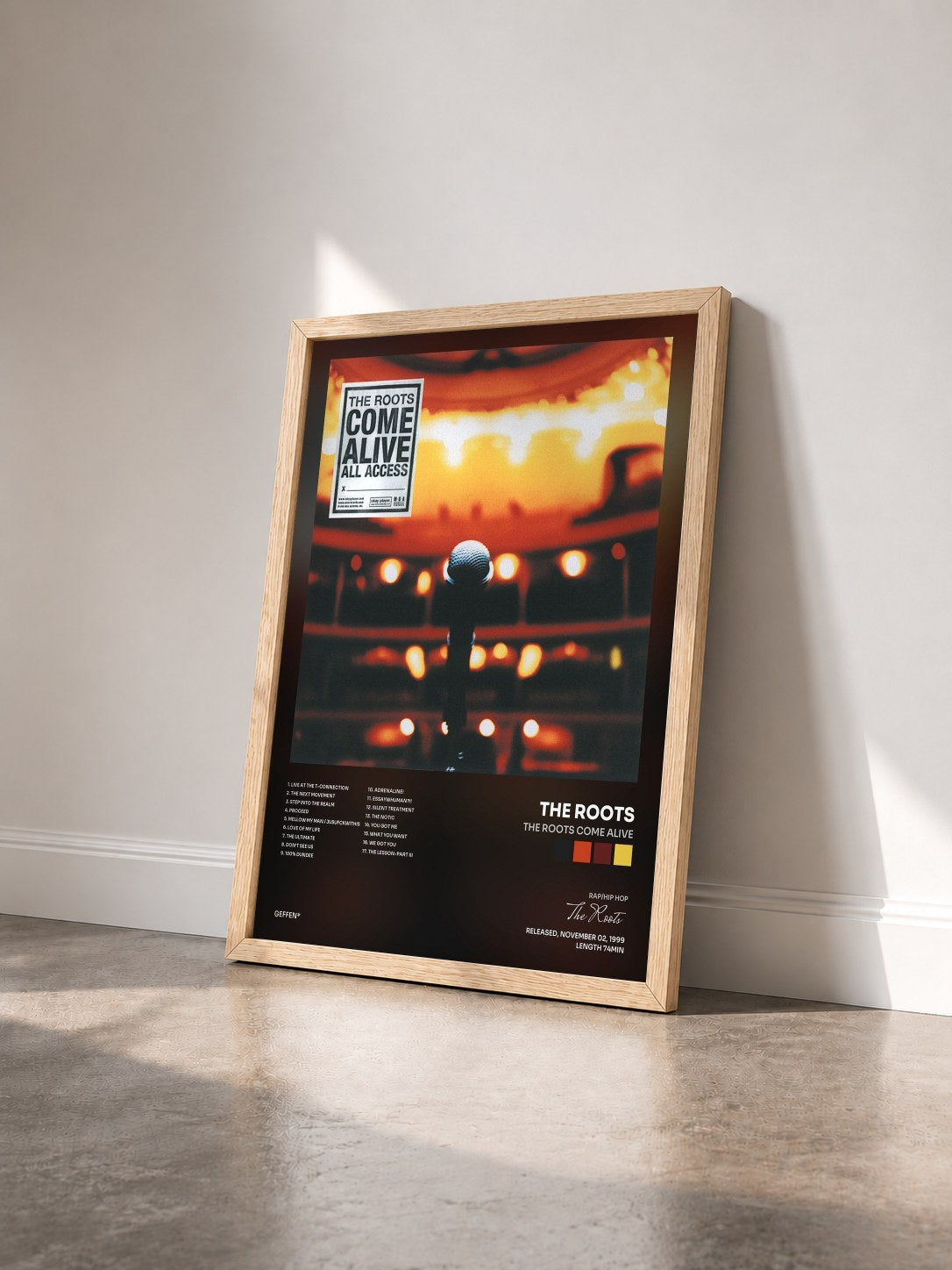 #bois Tableau de l'album The Roots Come Alive de The Roots vu de trois quarts, cadre en bois brut