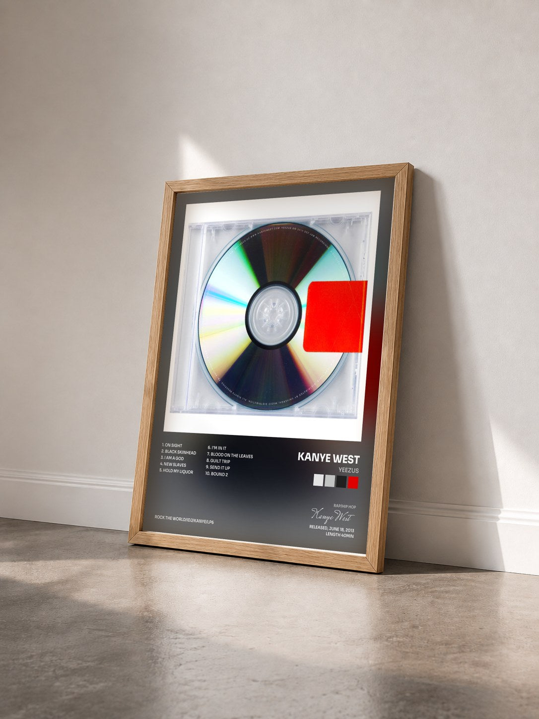 #bois Tableau de l'album Yeezus de Kanye West vu de trois quarts, cadre en bois brut