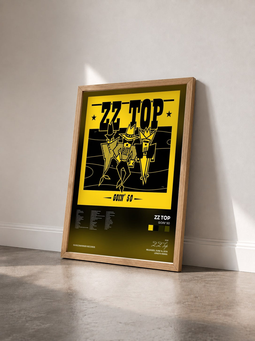 #bois Tableau de l'album Goin' 50 de ZZ Top vu de trois quarts, cadre en bois brut