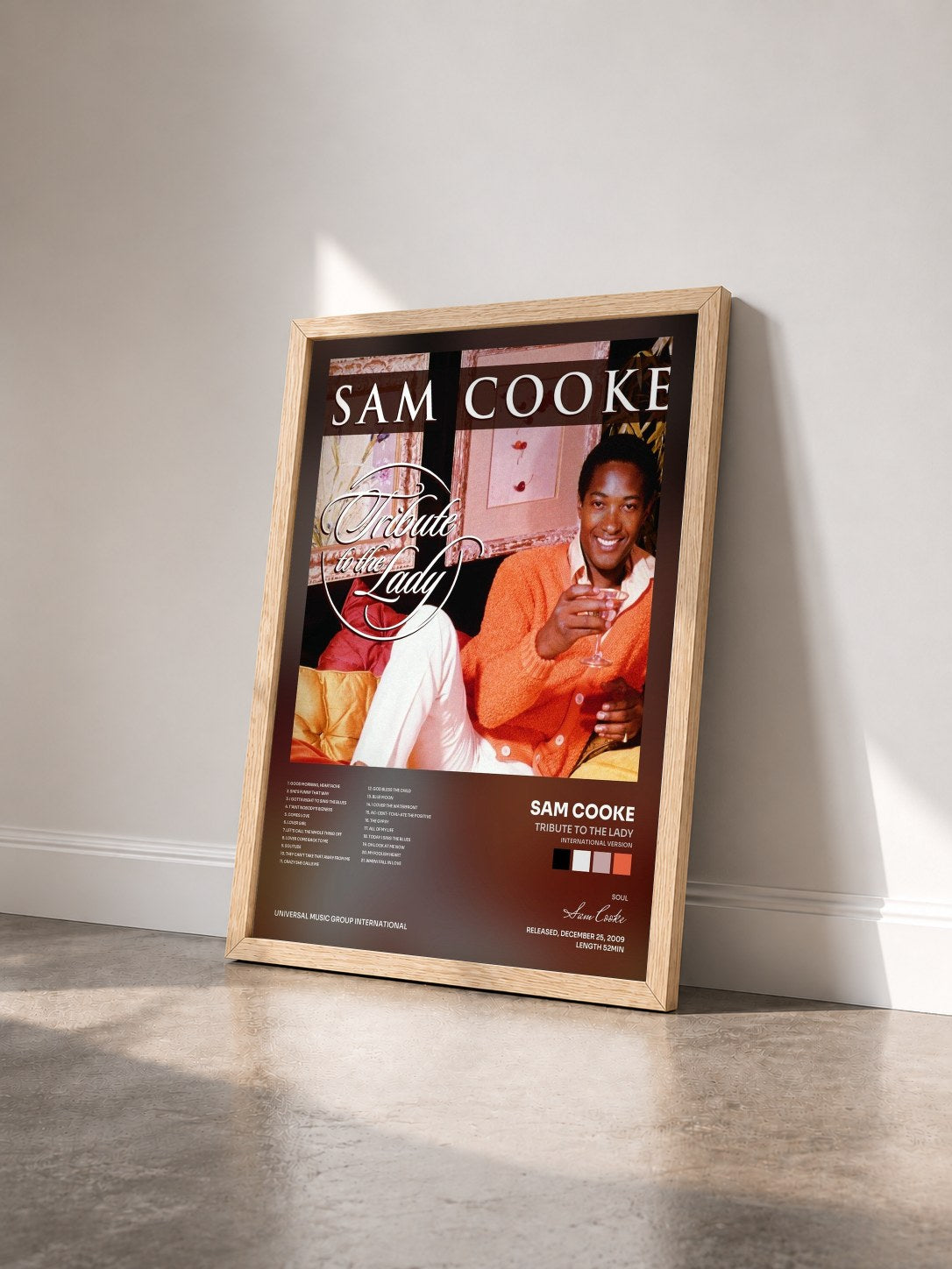 #bois Tableau de l'album Tribute To The Lady (International Version) de Sam Cooke vu de trois quarts, cadre en bois brut