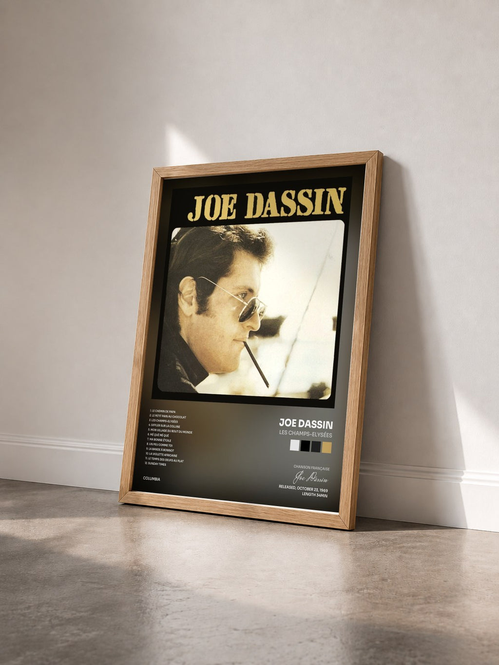 #bois Tableau de l'album Les Champs-Elysées de Joe Dassin vu de trois quarts, cadre en bois brut