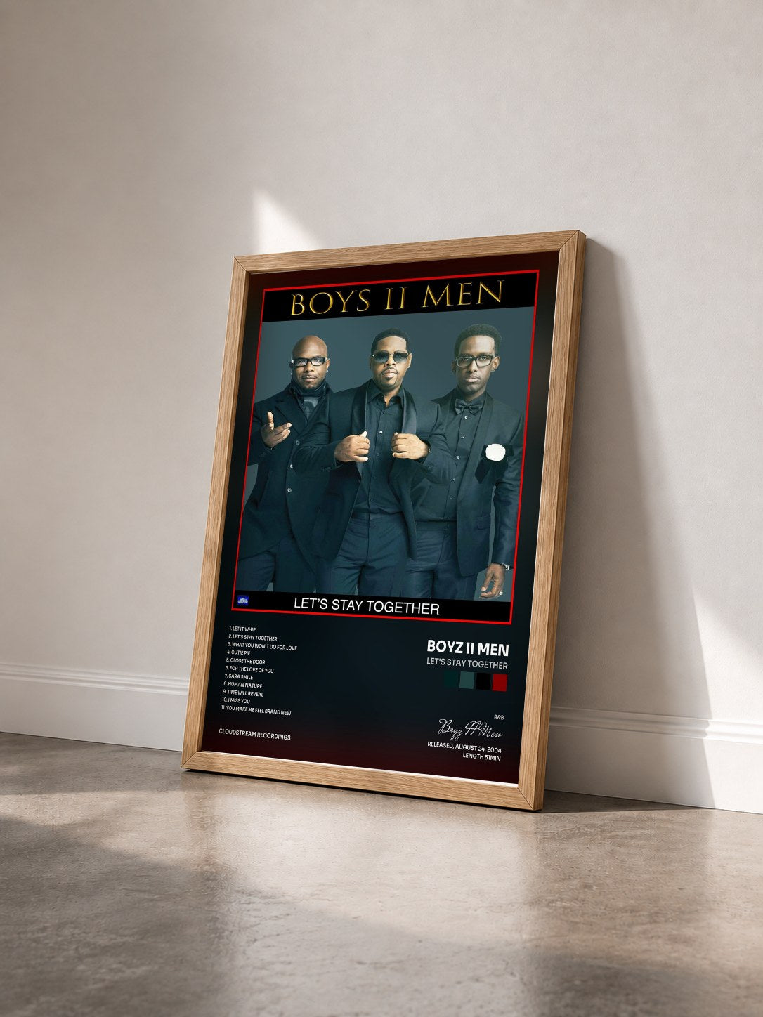 #bois Tableau de l'album Let's Stay Together de Boyz II Men vu de trois quarts, cadre en bois brut