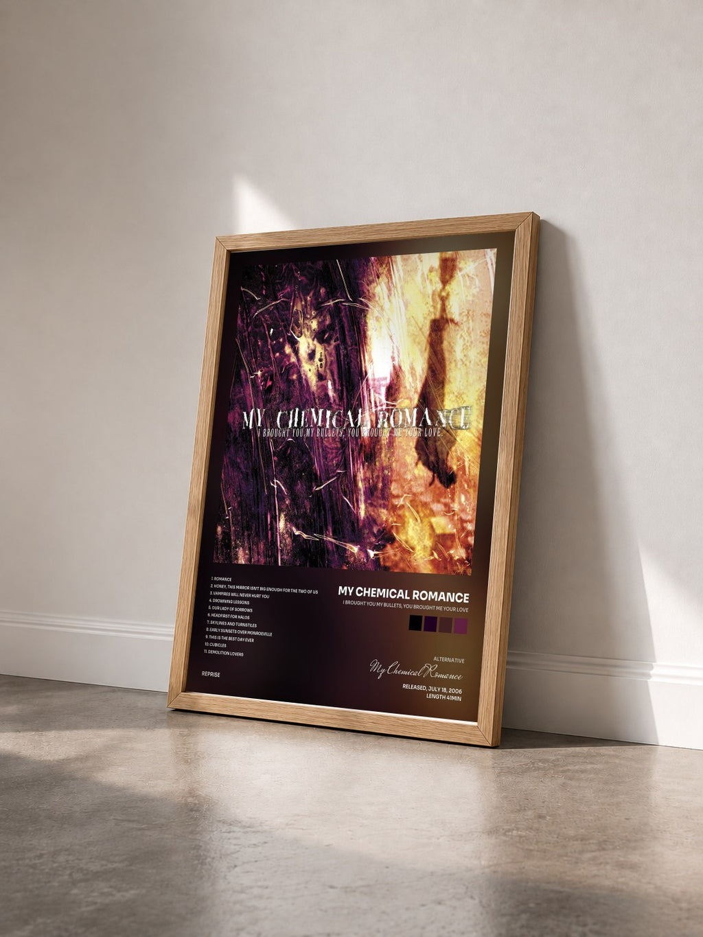 #bois Tableau de l'album I Brought You My Bullets, You Brought Me Your Love de My Chemical Romance vu de trois quarts, cadre en bois brut