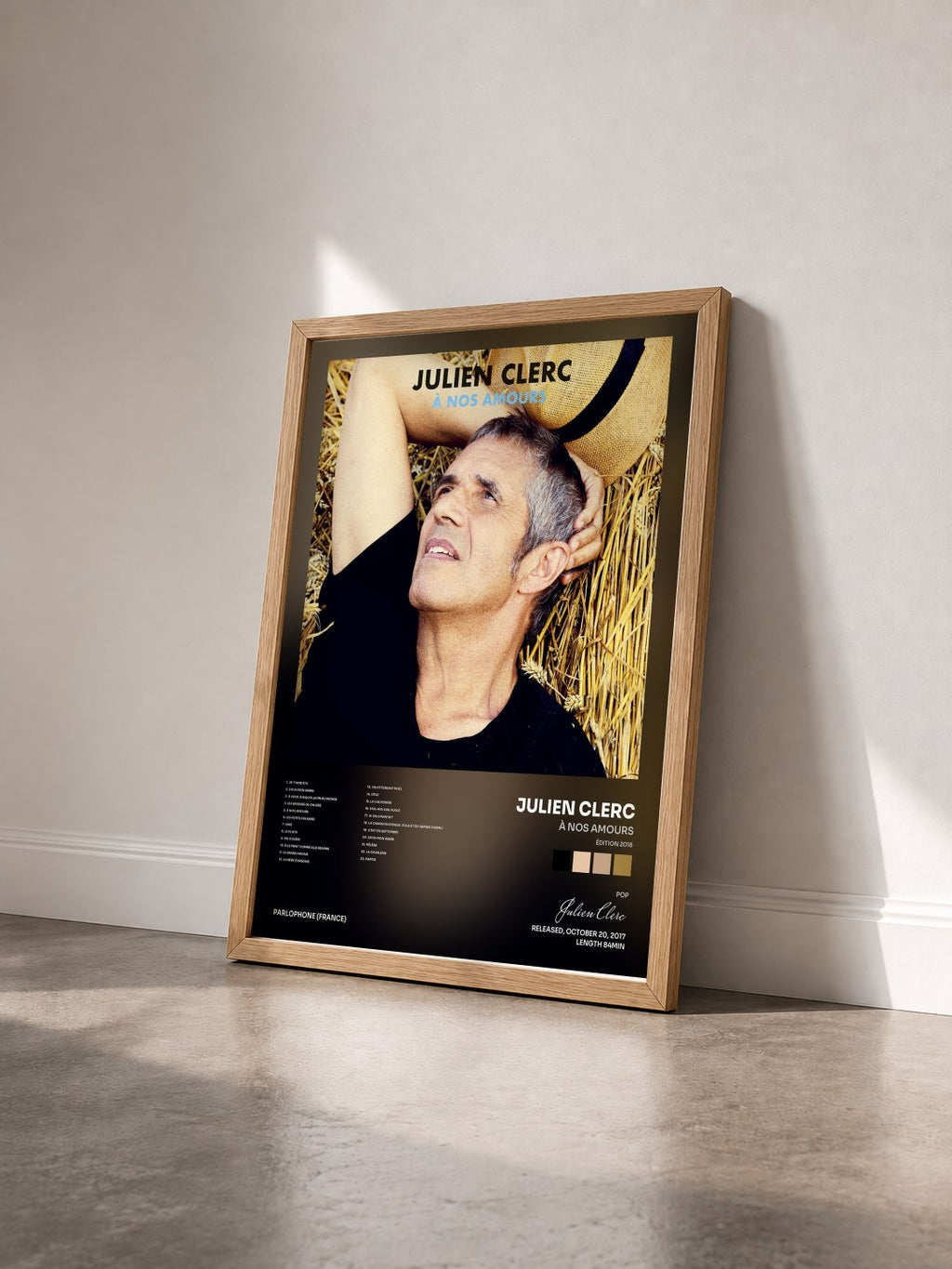 #bois Tableau de l'album À nos amours (Édition 2018) de Julien Clerc vu de trois quarts, cadre en bois brut