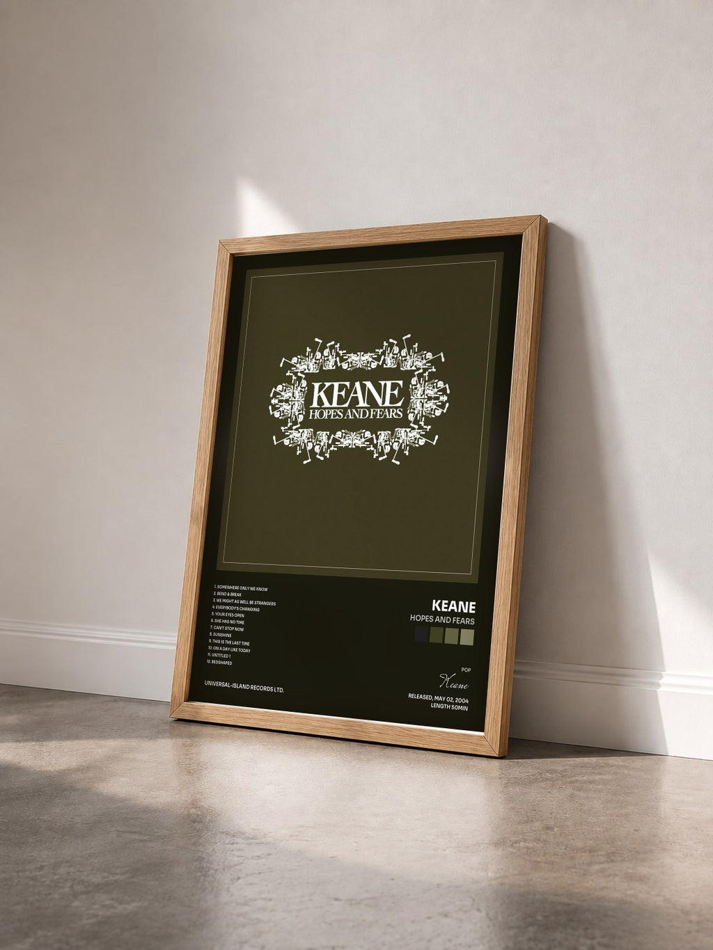 #bois Tableau de l'album Hopes And Fears de Keane vu de trois quarts, cadre en bois brut