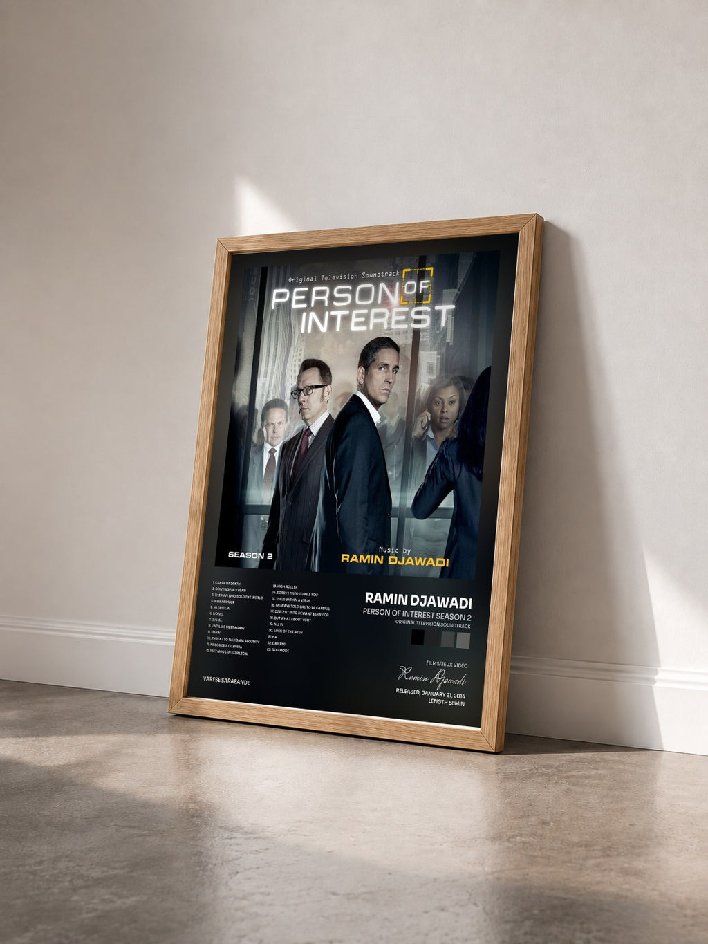 #bois Tableau de l'album Person Of Interest Season 2 (Original Television Soundtrack) de Ramin Djawadi vu de trois quarts, cadre en bois brut